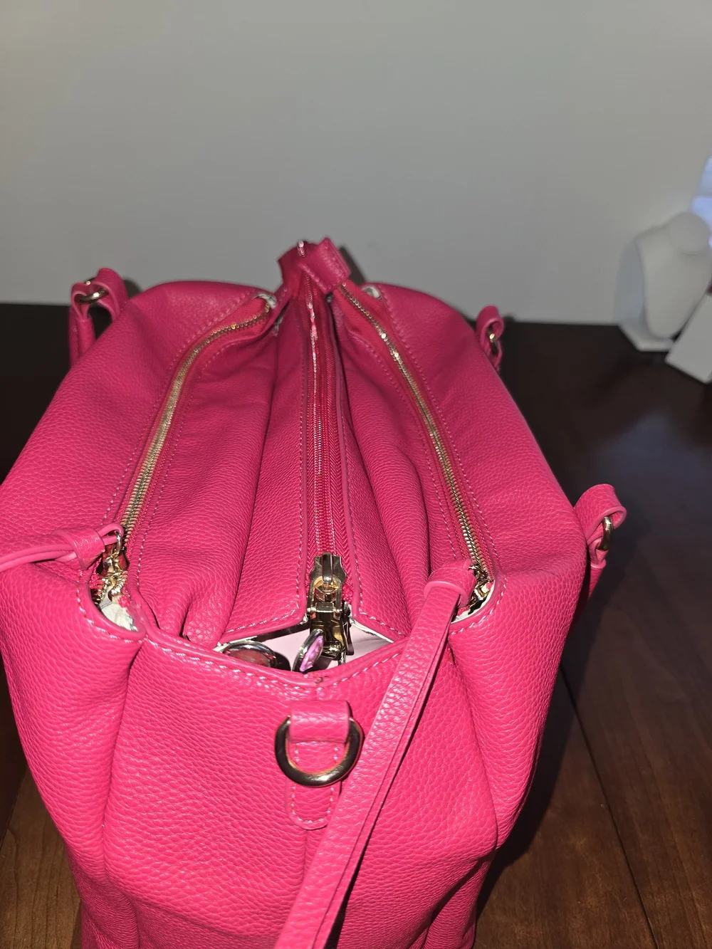 Hot Pink 💕 Pebbled Leather-Like Shoulder Bag with Triple Zipper Compartments